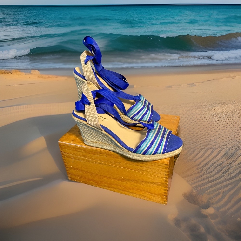 Talbots Blue Aqua Striped Criss-Cross Lace Up Leg Espadrille Sandals Size 8